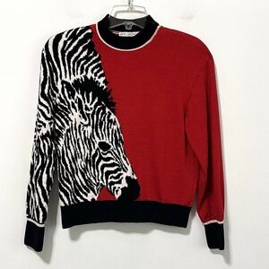 St John Marie Gray‎ Zebra Sweater S Vintage Red Zip Neck Long Sleeve Zoo FLAW